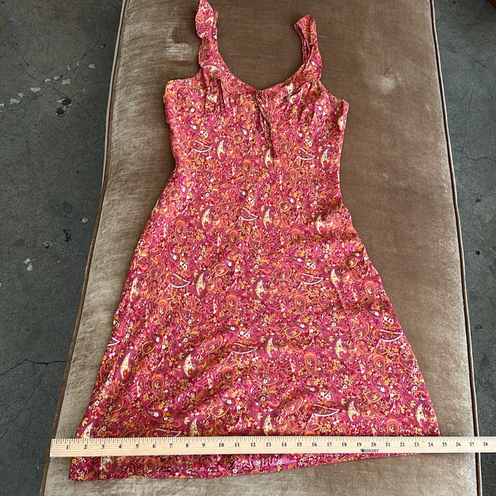 Cute floral Summer dress sz M see measurements Coral Red Orange Cream Yellow mix